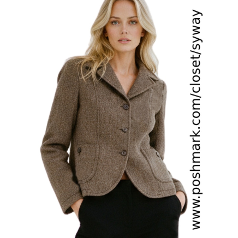 Sisley Tan Brown Italian Tweed Fitted Wool Blazer Jacket